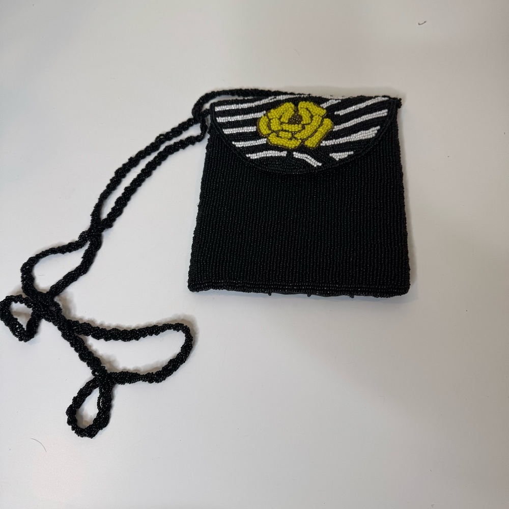 BagiesbyMagies Black Beaded Crossbody Bag with Yellow Flower black